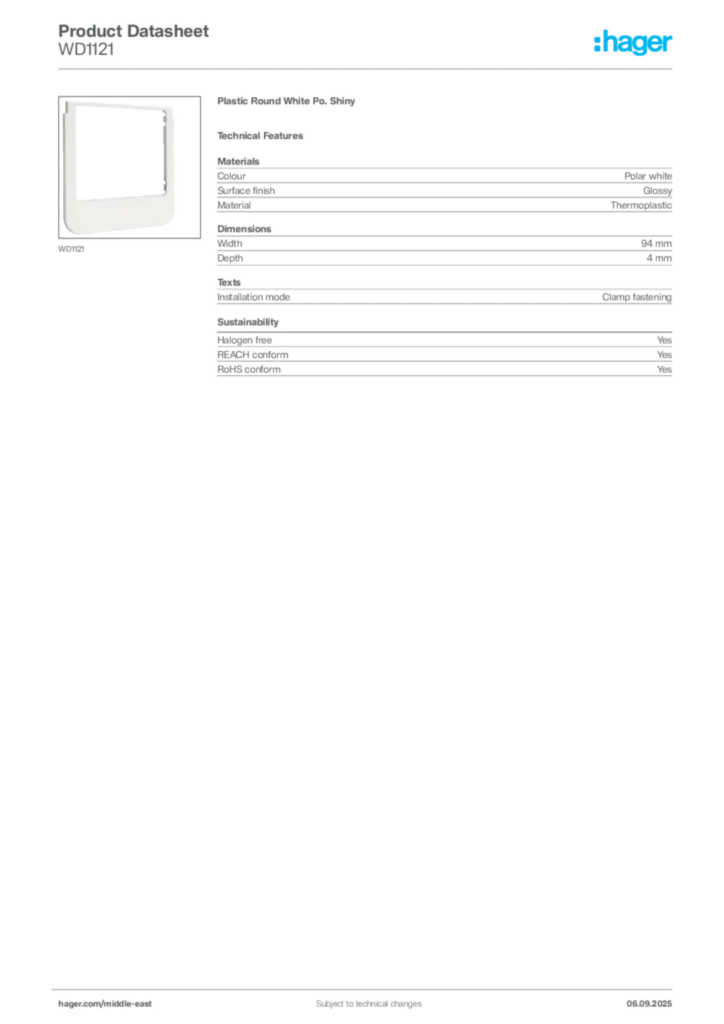 Image Hager Product data sheet WD1121  | Hager