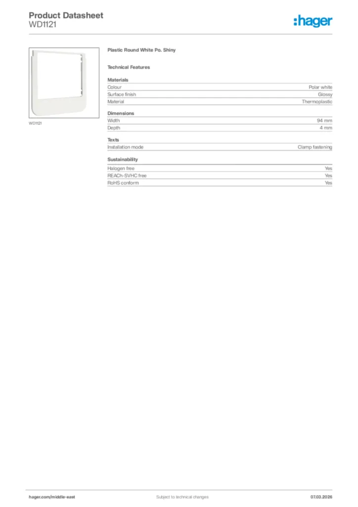 Image Hager Product data sheet WD1121  | Hager