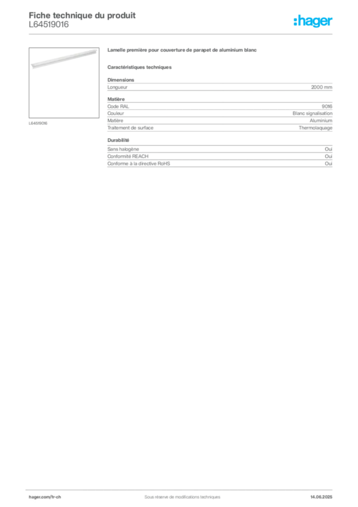 Image Hager Fiche technique du produit L64519016 | Hager Suisse