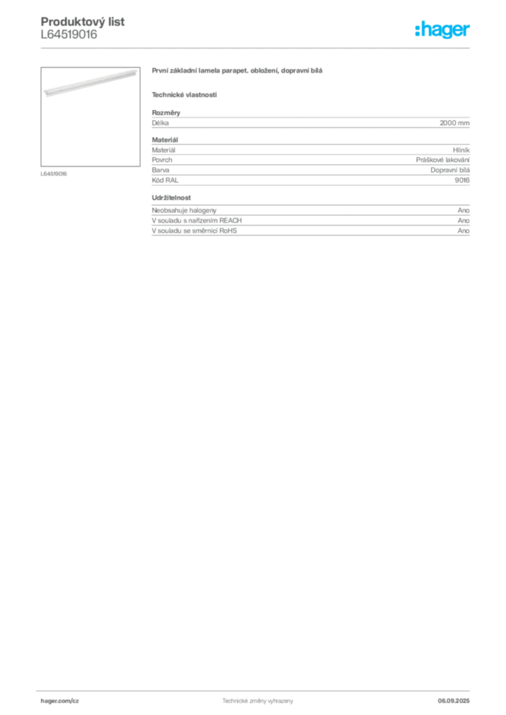 Obrázek Hager Produktový list L64519016 | Hager