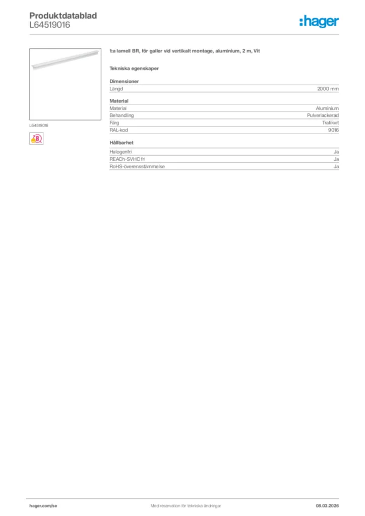 Bild Hager Produktdatablad L64519016 | Hager Sverige