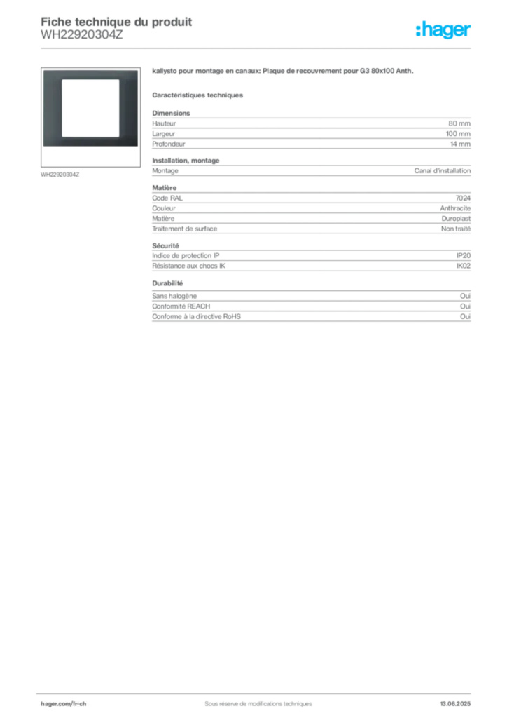 Image Hager Fiche technique du produit WH22920304Z | Hager Suisse