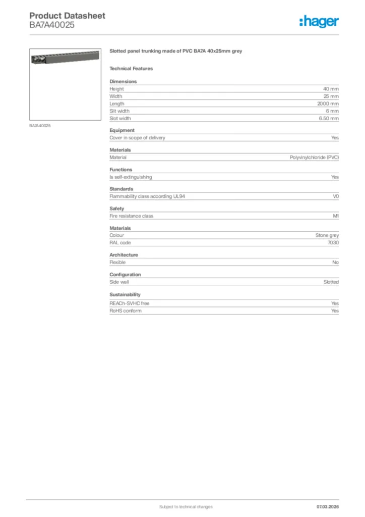 Image Hager Product data sheet BA7A40025  | Hager Africa