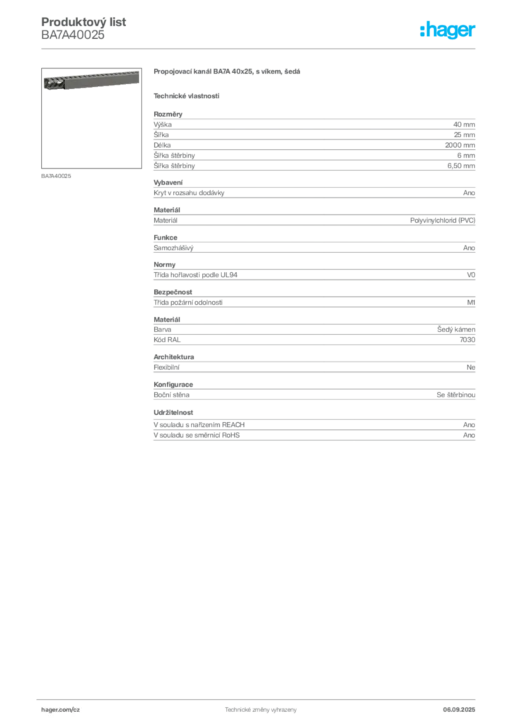 Obrázek Hager Produktový list BA7A40025 | Hager
