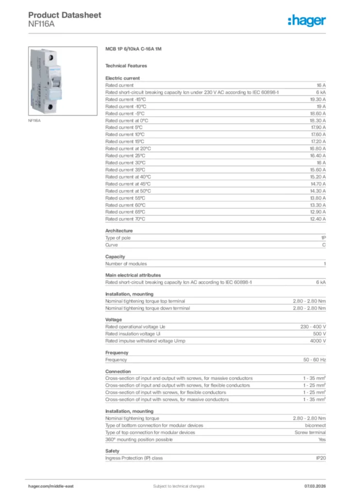 Image Hager Product data sheet NF116A  | Hager