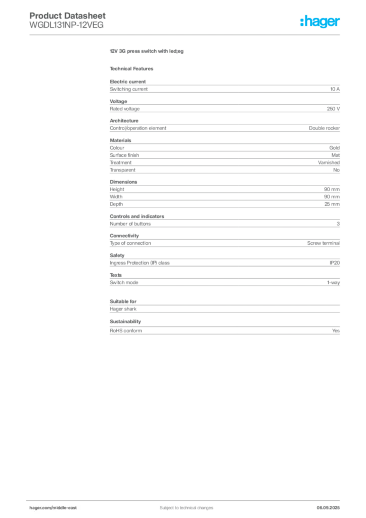 Image Hager Product data sheet WGDL131NP-12VEG  | Hager
