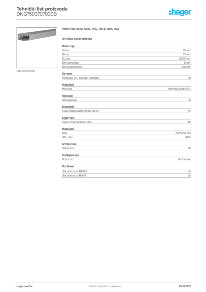Slika Hager Product data sheet DNG7503707030B  | Hager