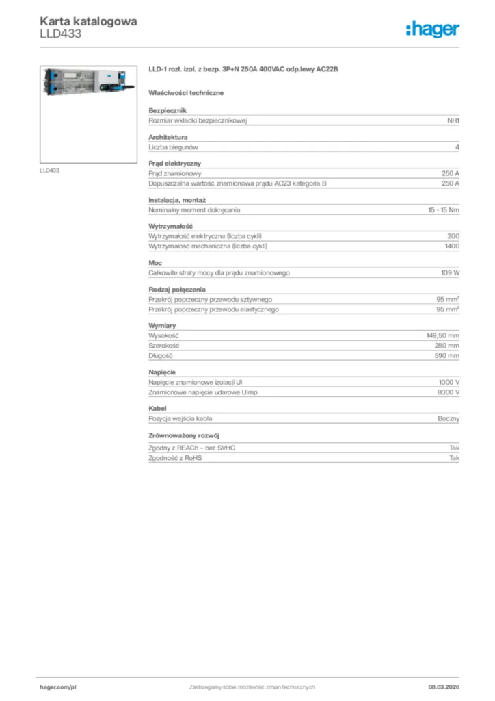 Zdjęcie Hager Karta katalogowa LLD433 | Hager Polska