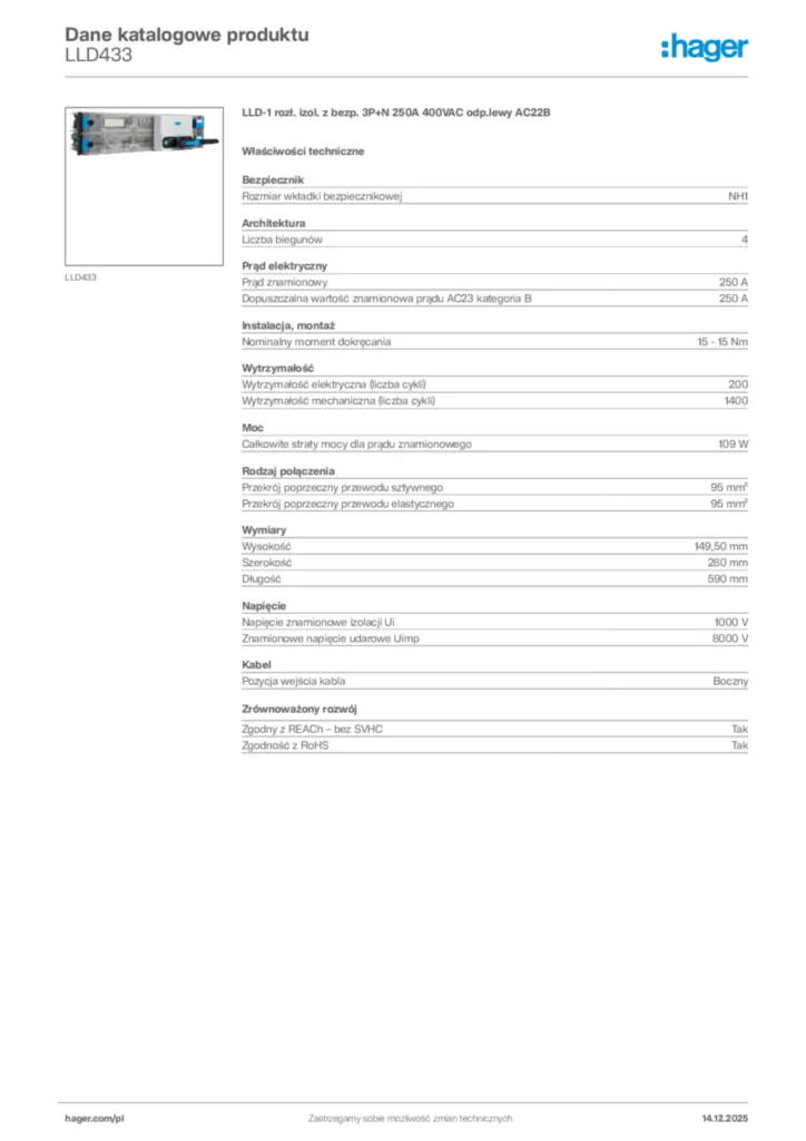 Zdjęcie Hager Karta katalogowa LLD433 | Hager Polska