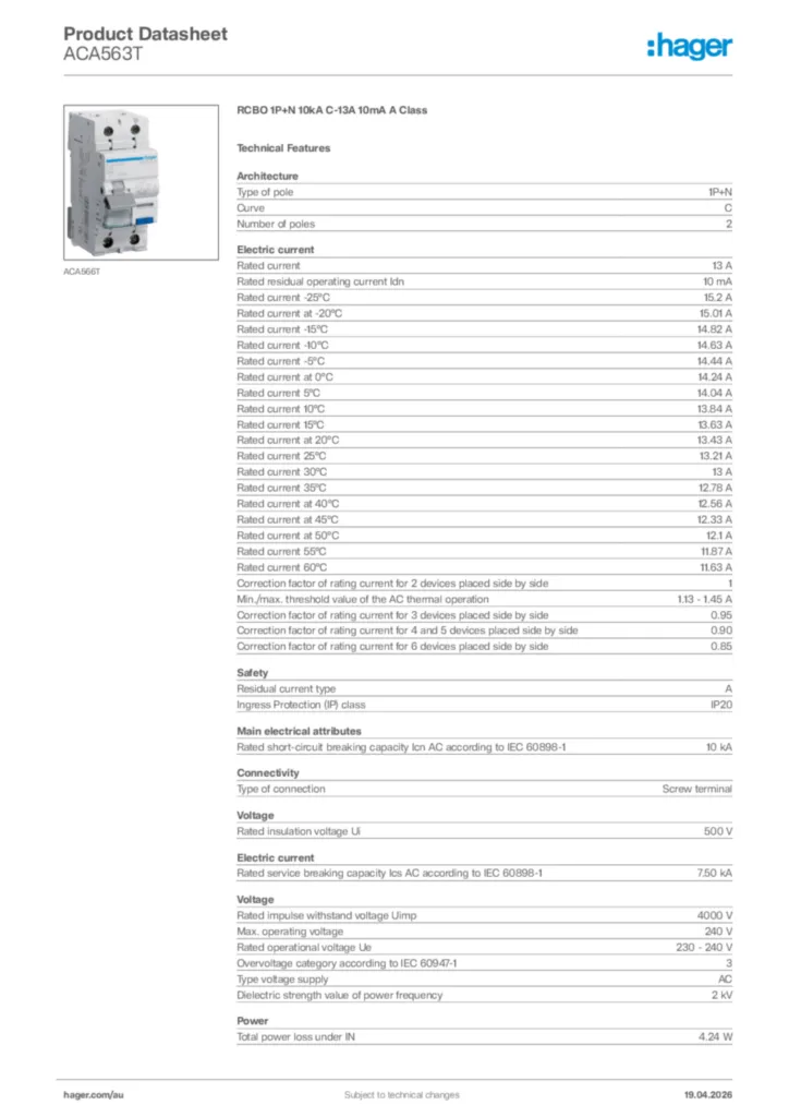 Image Hager Product data sheet ACA563T  | Hager Australia