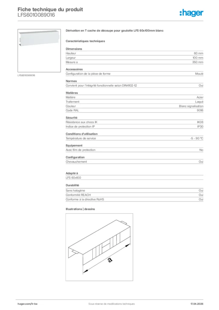 Image Hager Fiche technique du produit LFS6010089016 | Hager Belgique