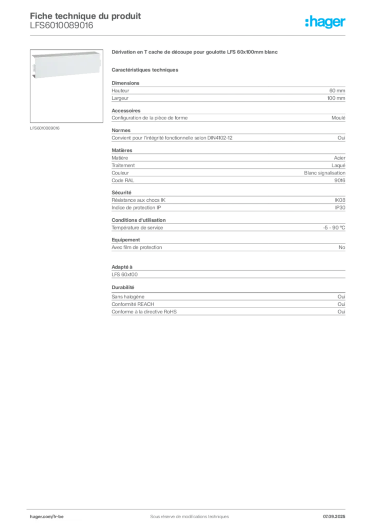 Image Hager Fiche technique du produit LFS6010089016 | Hager Belgique