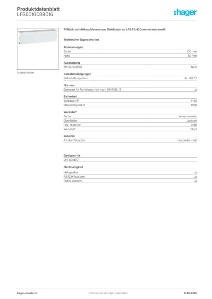 Bild Hager Produktdatenblatt LFS6010089016 | Hager Schweiz