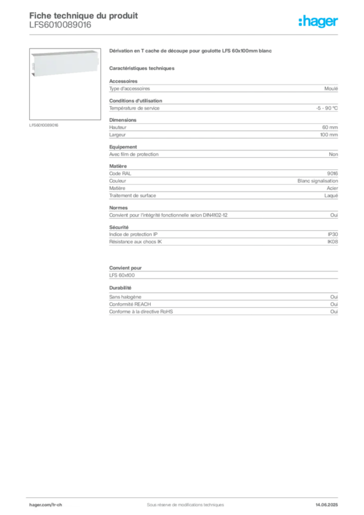 Image Hager Fiche technique du produit LFS6010089016 | Hager Suisse