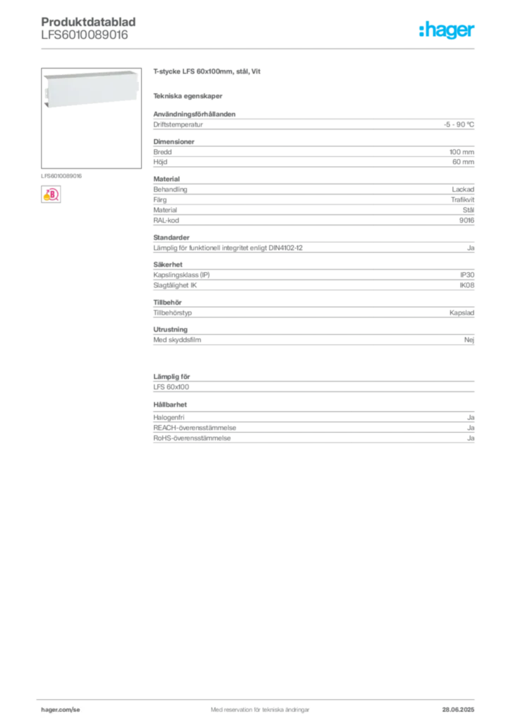 Bild Hager Produktdatablad LFS6010089016 | Hager Sverige