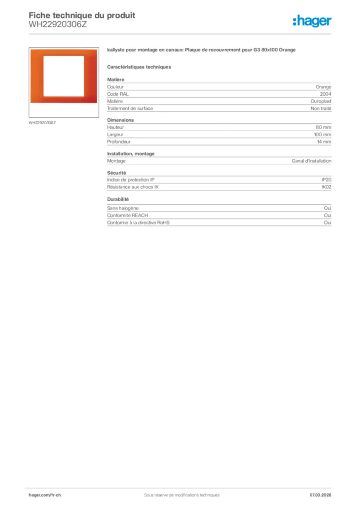 Image Hager Fiche technique du produit WH22920306Z | Hager Suisse