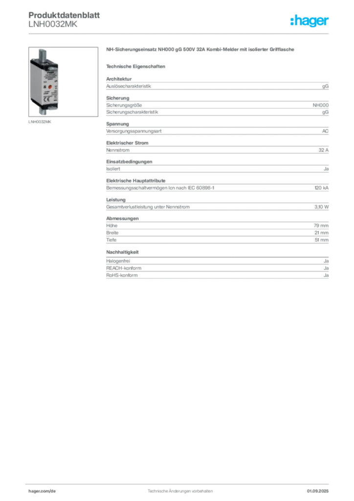 Hager Produktdatenblatt LNH0032MK