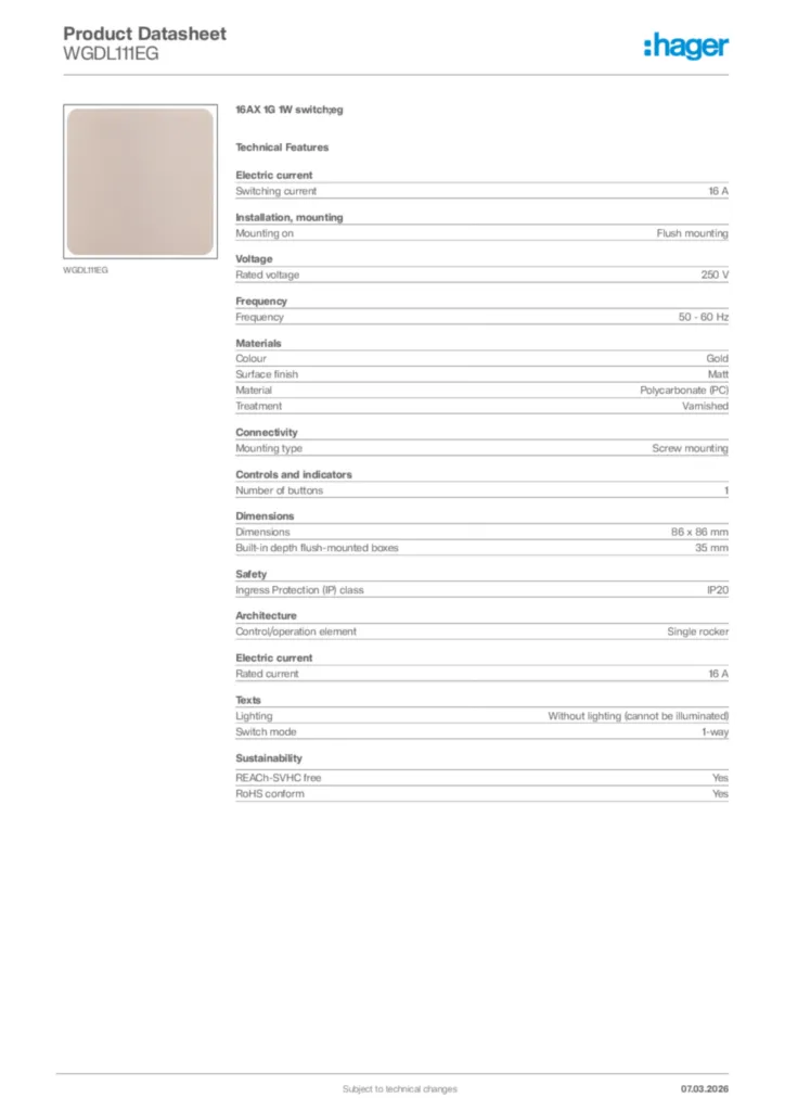 Image Hager Product data sheet WGDL111EG  | Hager Africa