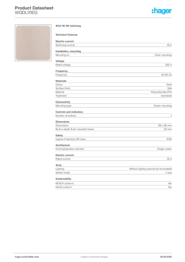 Image Hager Product data sheet WGDL111EG  | Hager