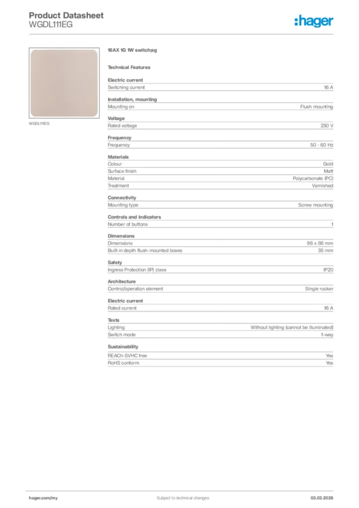Image Hager Product data sheet WGDL111EG  | Hager