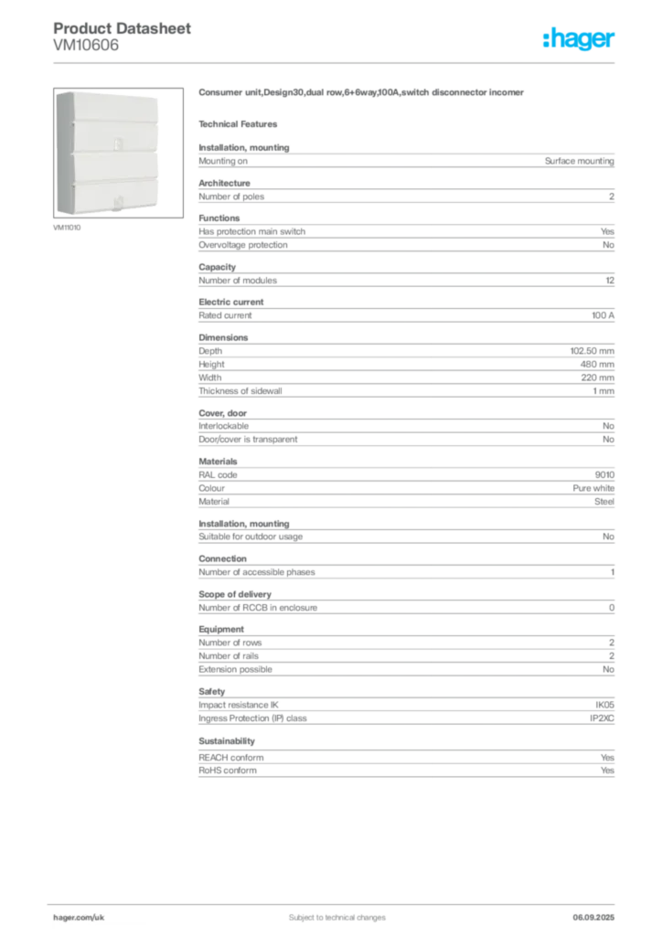 Image Hager Product data sheet VM10606  | Hager
