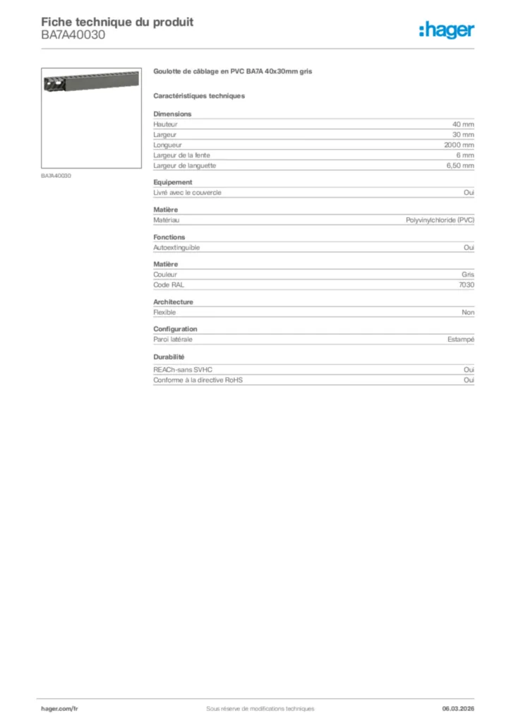 Image Hager Fiche technique du produit BA7A40030 | Hager France