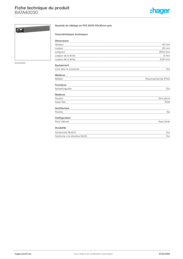 Image Hager Fiche technique du produit BA7A40030 | Hager Belgique