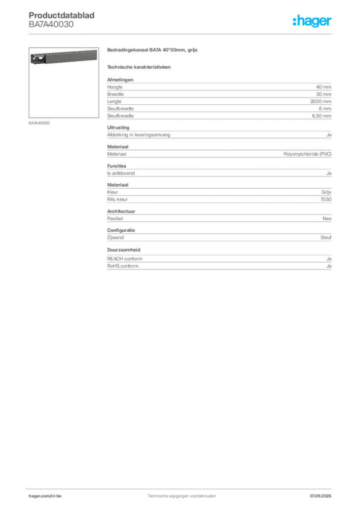 Afbeelding Hager Productdatablad BA7A40030 | Hager Belgium