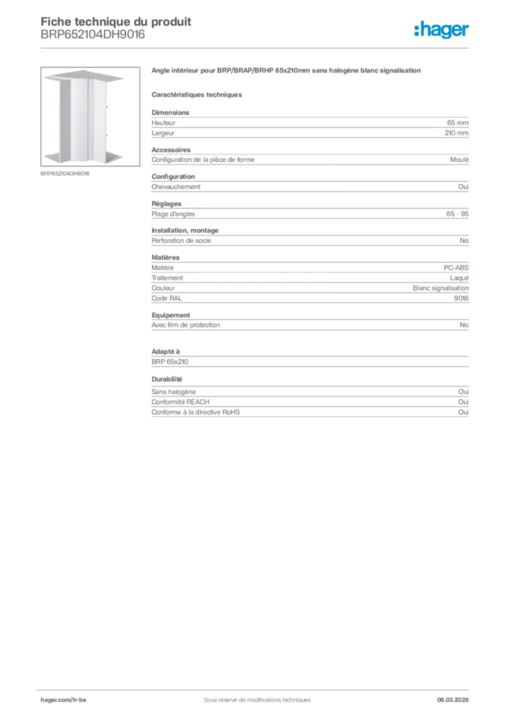 Image Hager Fiche technique du produit BRP652104DH9016 | Hager Belgique