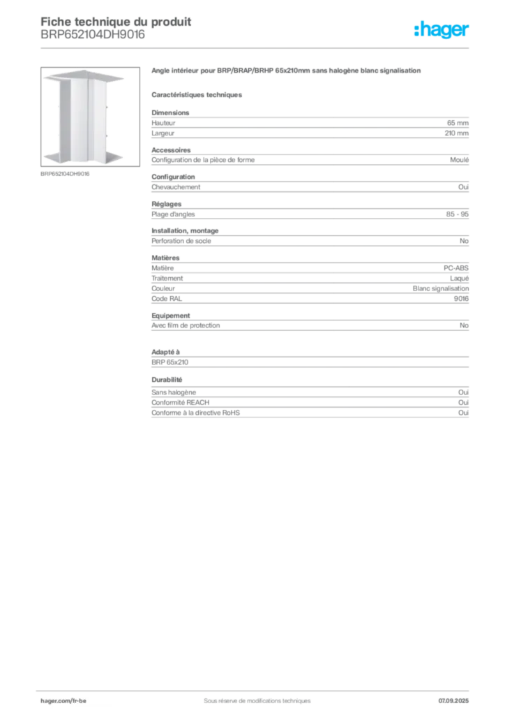 Image Hager Fiche technique du produit BRP652104DH9016 | Hager Belgique