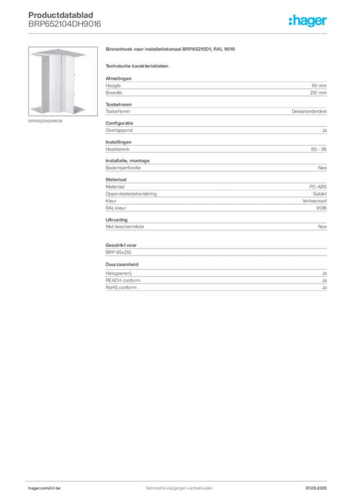 Afbeelding Hager Productdatablad BRP652104DH9016 | Hager Belgium