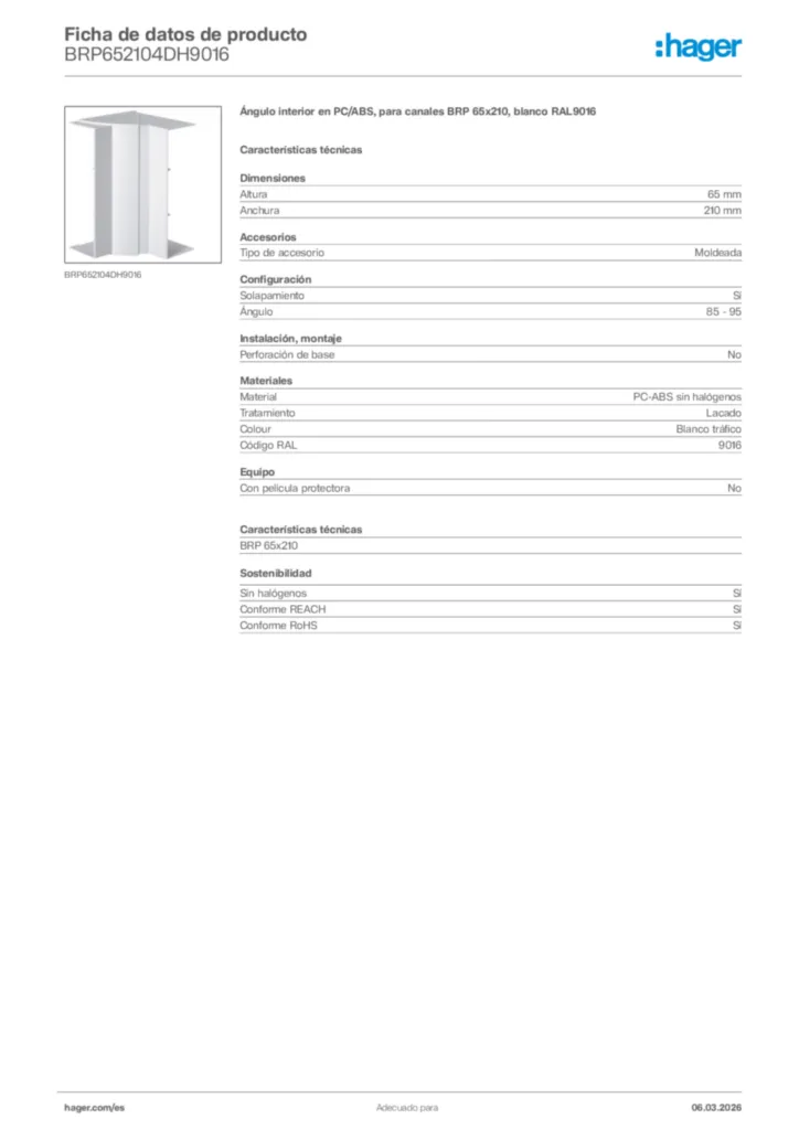 Imagen Hager Ficha de datos de producto BRP652104DH9016 | Hager España