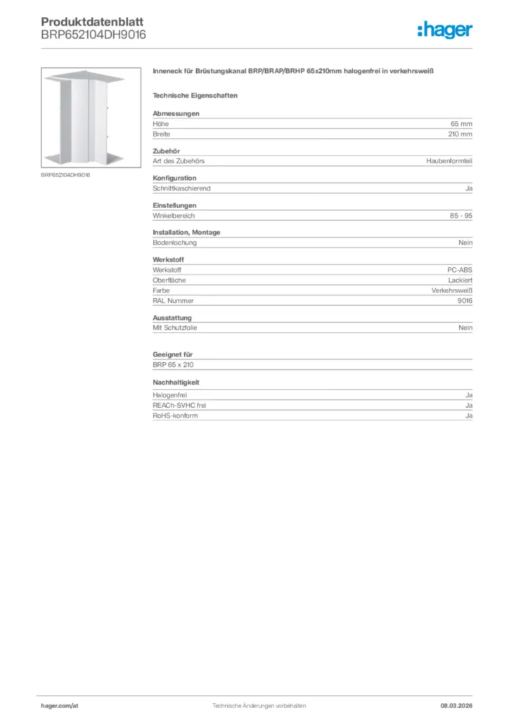 Bild Hager Produktdatenblatt BRP652104DH9016 | Hager Deutschland