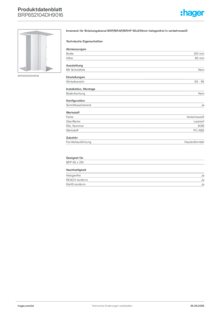 Bild Hager Produktdatenblatt BRP652104DH9016 | Hager Deutschland