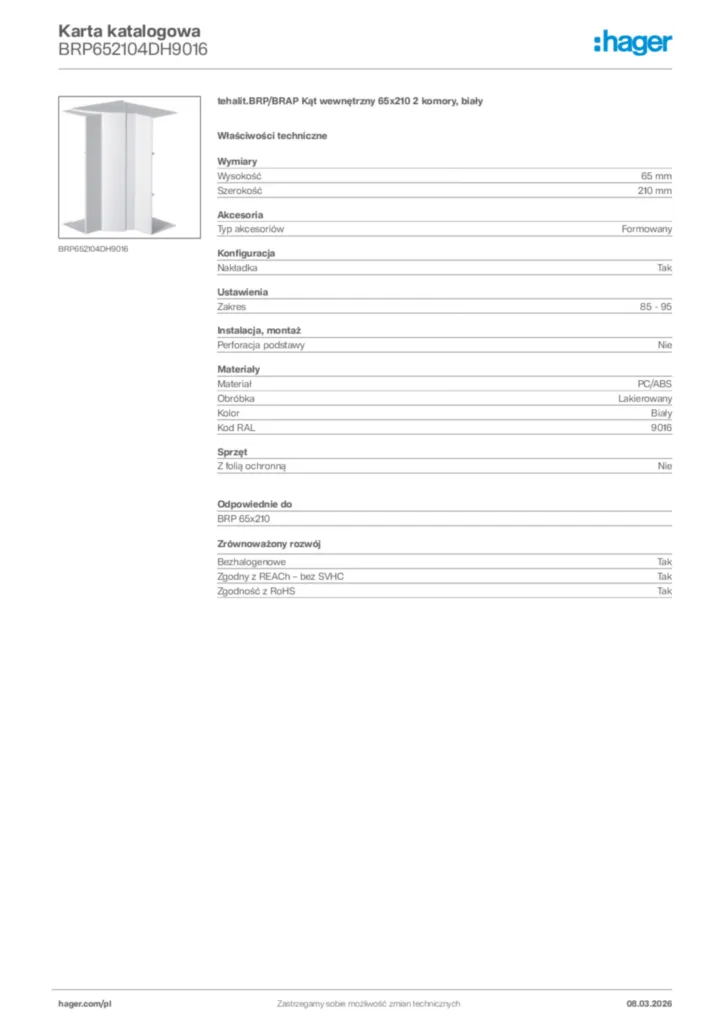 Zdjęcie Hager Karta katalogowa BRP652104DH9016 | Hager Polska