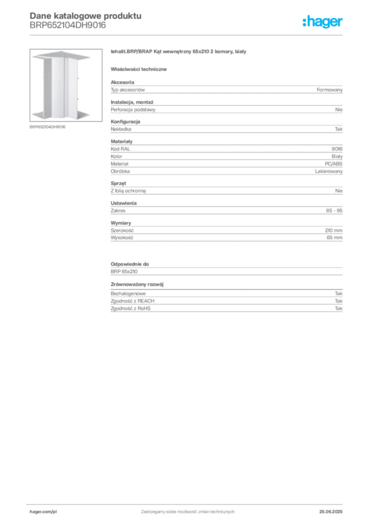 Zdjęcie Hager Karta katalogowa BRP652104DH9016 | Hager Polska