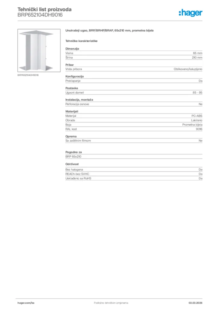 Slika Hager Tehnički list proizvoda BRP652104DH9016  | Hager