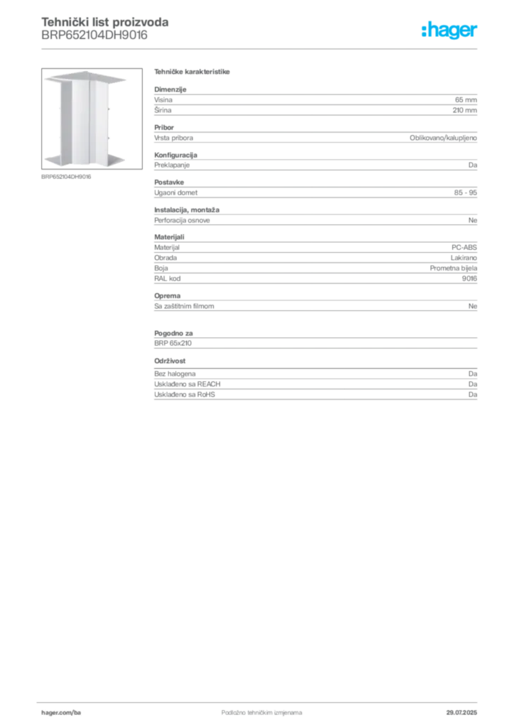 Slika Hager Product data sheet BRP652104DH9016  | Hager