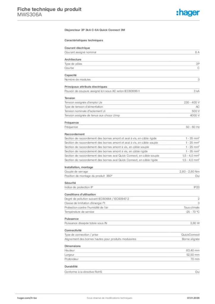 Image Hager Fiche technique du produit MWS306A | Hager Belgique