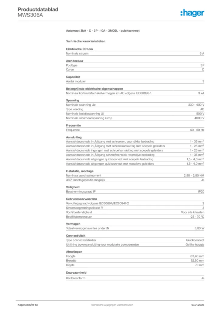 Afbeelding Hager Productdatablad MWS306A | Hager Belgium