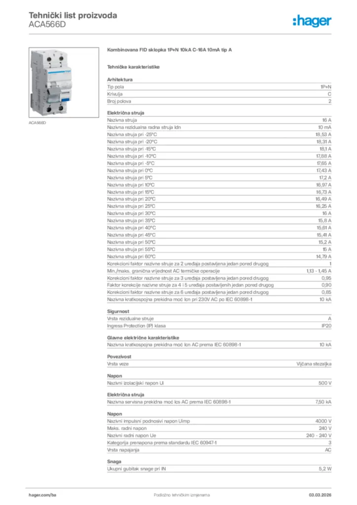 Slika Hager Tehnički list proizvoda ACA566D  | Hager