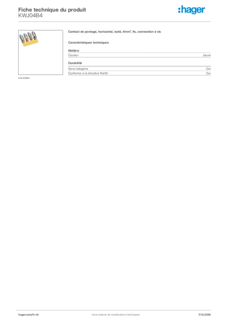 Image Hager Fiche technique du produit KWJ04B4 | Hager Suisse