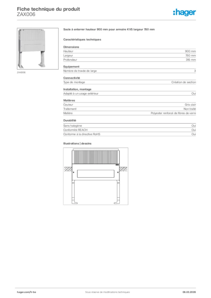 Image Hager Fiche technique du produit ZAX006 | Hager Belgique