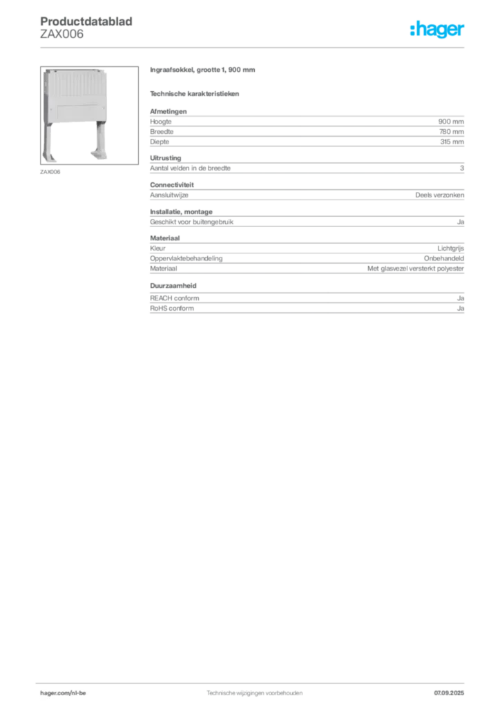 Afbeelding Hager Productdatablad ZAX006 | Hager Belgium