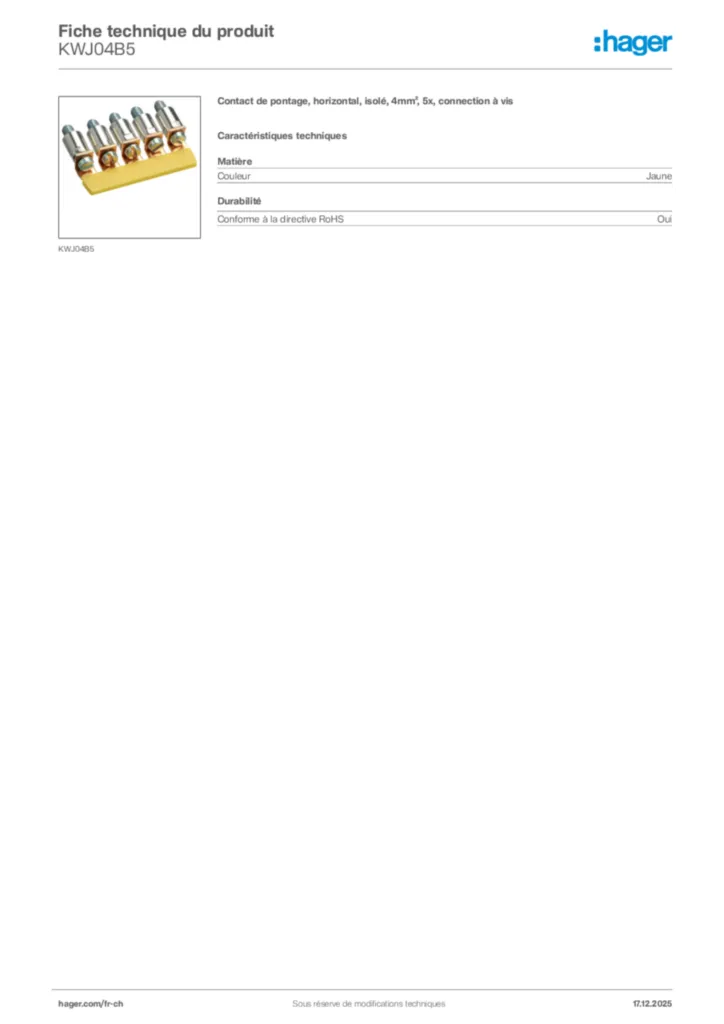 Image Hager Fiche technique du produit KWJ04B5 | Hager Suisse