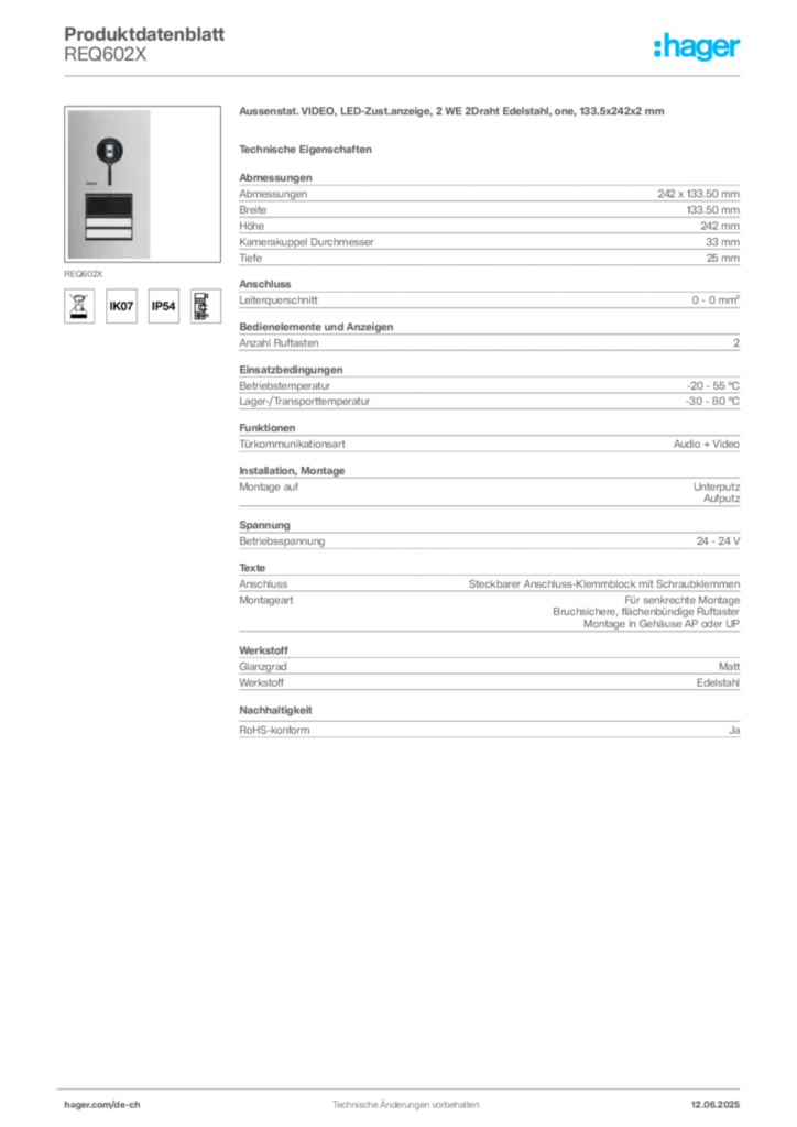 Bild Hager Produktdatenblatt REQ602X | Hager Schweiz
