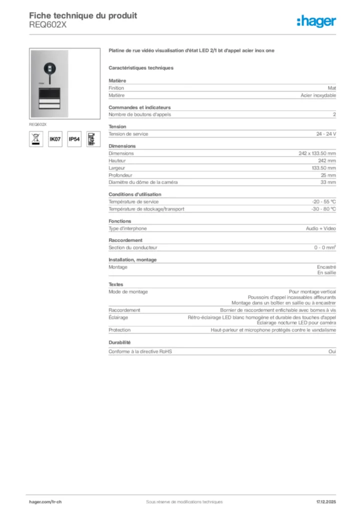 Image Hager Fiche technique du produit REQ602X | Hager Suisse