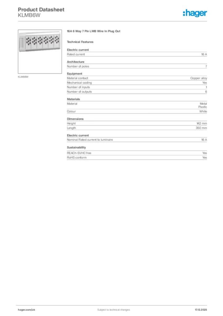 Image Hager Product data sheet KLMB6W  | Hager