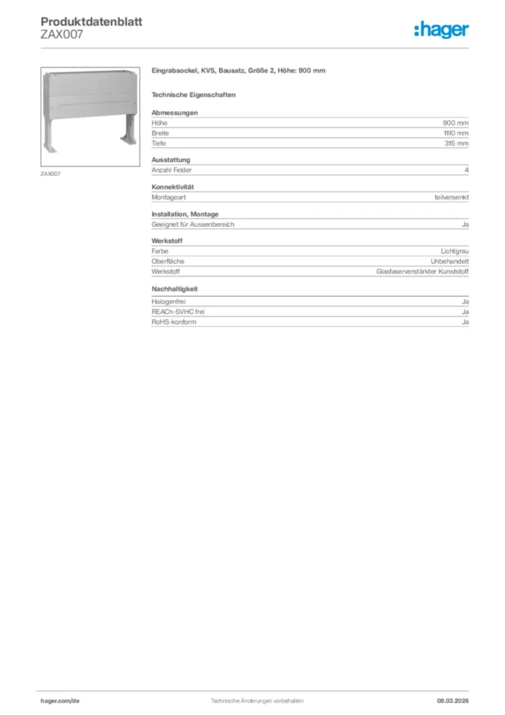 Bild Hager Produktdatenblatt ZAX007 | Hager Deutschland
