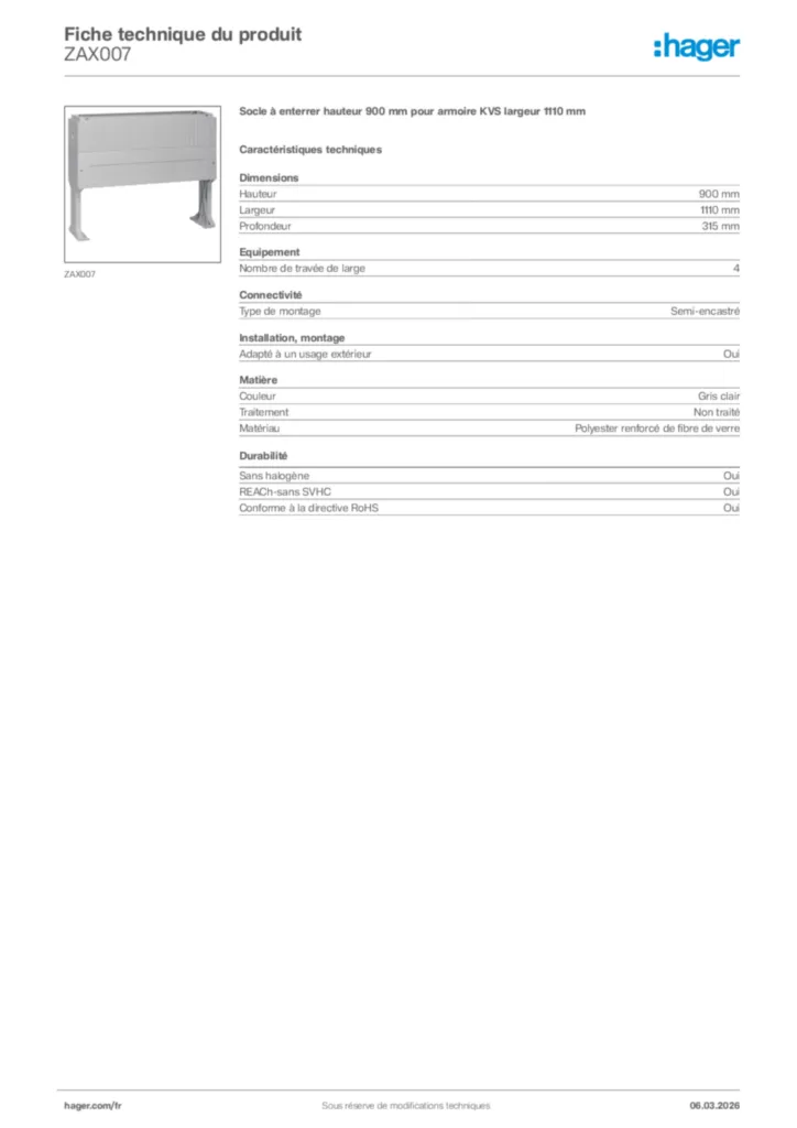 Image Hager Fiche technique du produit ZAX007 | Hager France